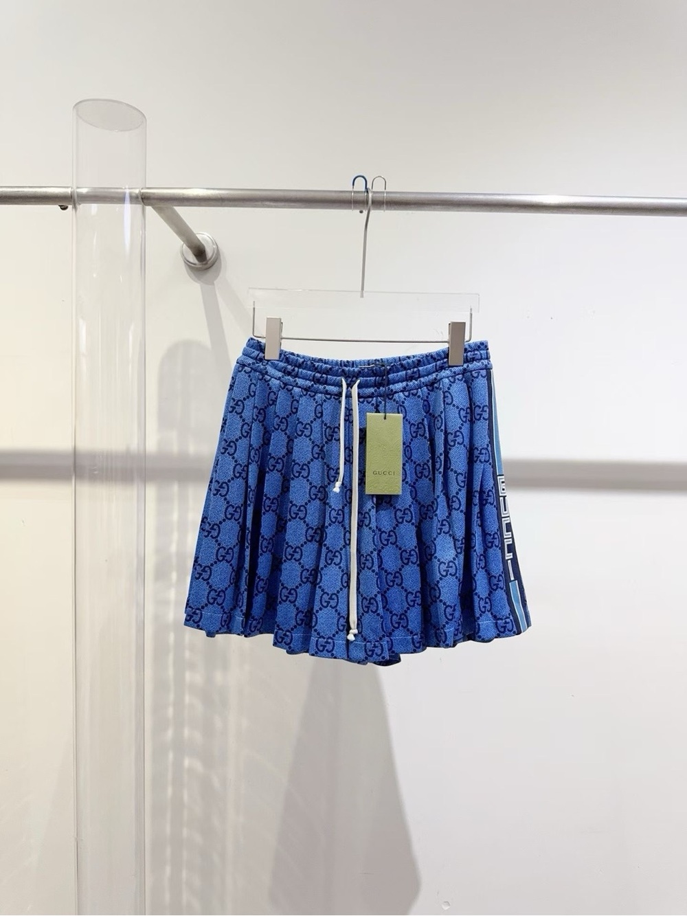 Gucci Blue GG Logo Pleated Mini Skirt with Side Stripes